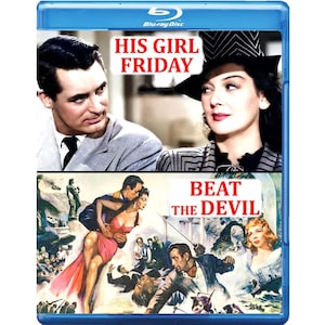 May include: A blue Blu-ray case featuring the films "His Girl Friday" and "Beat the Devil." The top half shows a man and woman, while the bottom half displays a colorful movie poster with multiple figures.