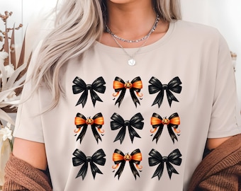 Halloween Bow PNG | Pumpkin Coquette Clipart | Black & Orange Bow Sublimation Design | Spooky Cute T-Shirt PNG Download