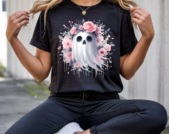 Floral Ghost PNG Design for Cute Halloween Shirts | Girly Coquette T-Shirt Graphic with Flowers and Bow
