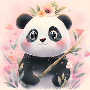 Clipart bébé panda kawaii PNG - panda mignon avec couronne de fleurs et bambou, art animalier pastel pour chambre de bébé pour autocollants et baby shower