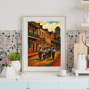 Lámina artística vintage del desfile de jazz de Bourbon Street: póster de Nueva Orleans para decorar el Barrio Francés