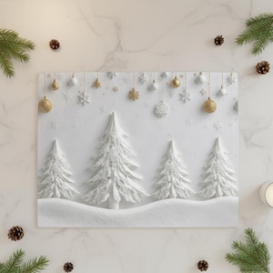 May include: White Christmas-themed wall art with four textured fir trees in a snowy scene. The artwork has hanging ornaments, snowflakes, and gold accents. Pine cones and greenery surround the art piece, creating a festive atmosphere.