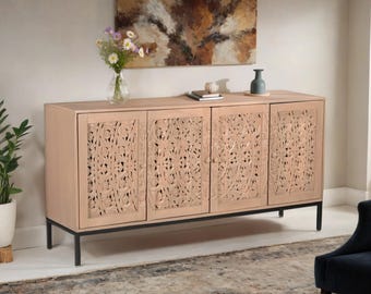Aparador de madera de mango tallado a mano – Mueble floral de 4 puertas, base de metal