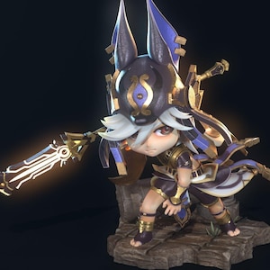 May include: A detailed figurine of a character from Genshin Impact. The figure is in a dynamic pose, holding a glowing weapon. It features a color scheme of black, gold, and blue, with intricate details on the armor and accessories. The figure is posed on a stone base.
