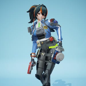 May include: A futuristic female figure in a blue and black uniform, holding a red and silver pistol. The figure has black hair with orange highlights and is wearing a jacket with the text "PUBSEC". The figure is standing on a light blue background.