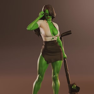 May include: A green-skinned figurine of a woman in a white blouse, brown skirt, and black heels, holding a traffic light. She wears glasses and has dark hair. The figurine stands on a stone base.