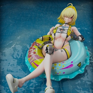 Può includere: Statuetta di una donna con capelli gialli e un costume da bagno giallo e nero, seduta su un anello gonfiabile blu e giallo in una piscina. La statuetta indossa scarpe bianche. L'anello ha un simbolo di pericolo.