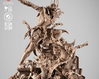 May include: A detailed resin statue of a comic book villain in a dynamic pose, with chains and multiple figures. The statue is a light brown color and features the text "HA HA!" on the side. The statue is 1/6 scale.