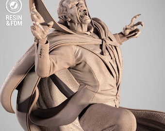 May include: A tan-coloured figurine of a screaming vampire, wearing a suit and cape. The figure is in a dynamic pose, with arms outstretched and mouth open. The figurine is labelled "SCALE 1/6" and "RESIN & FDM".