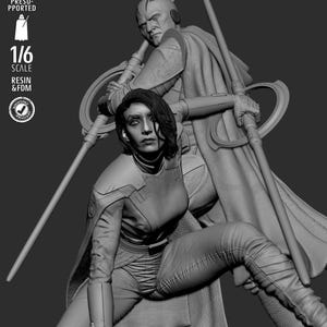 May include: A grayscale resin statue of two figures in a dynamic pose. One figure kneels, wearing a futuristic outfit, while the other stands behind, holding a staff. The statue is 1/6 scale.