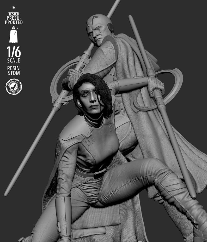 May include: A grayscale resin statue of two figures in a dynamic pose. One figure kneels, wearing a futuristic outfit, while the other stands behind, holding a staff. The statue is 1/6 scale.