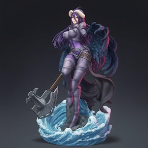 Puede incluir: Una figura de estilo anime con cabello largo morado, cuernos curvos y grandes alas negras. El personaje viste una armadura morada, sostiene un hacha de batalla grande y se encuentra sobre una base esculpida que representa agua azul.