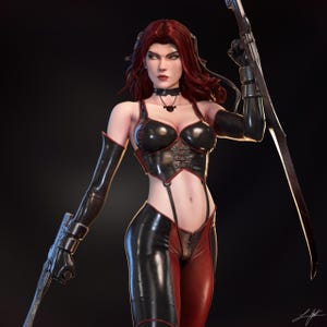 May include: A detailed digital art figure of a woman with long red hair, wearing a black and red outfit with a choker and holding two swords. The figure has a stern expression and is set against a dark background.
