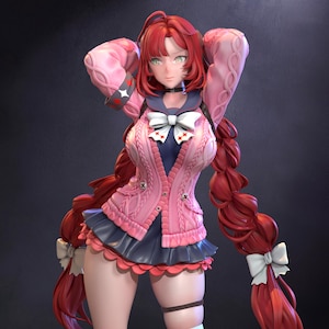 May include: A 3D-rendered anime-style figure with long red hair and green eyes. She wears a pink cable-knit sweater, a dark blue dress, and a white bow. The figure has long red pigtails tied with white bows and striped socks.