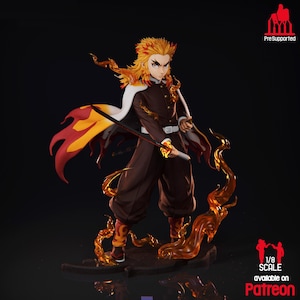Könnte beinhalten: Detaillierte Figur einer Figur mit feurigem Haar und brauner Uniform, die ein Schwert hält. Die Figur ist dynamisch mit Flammen um den Sockel und den Umhang posiert. Der Text "PreSupported" und "1/8 SCALE available on Patreon" sind sichtbar.