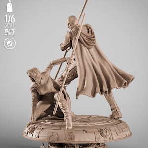 May include: A detailed resin statue depicting two figures in a dynamic pose, engaged in combat. The figures are on a circular base with intricate mechanical details. The statue is a 1/6 scale model. The text on the image reads: "TESTED PRESUPPORTED", "1/6 SCALE", "RESIN & FDM".