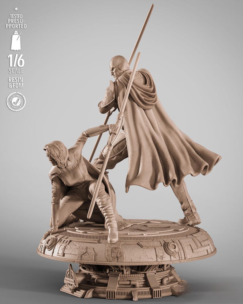 May include: A detailed resin statue depicting two figures in a dynamic pose, engaged in combat. The figures are on a circular base with intricate mechanical details. The statue is a 1/6 scale model. The text on the image reads: "TESTED PRESUPPORTED", "1/6 SCALE", "RESIN & FDM".