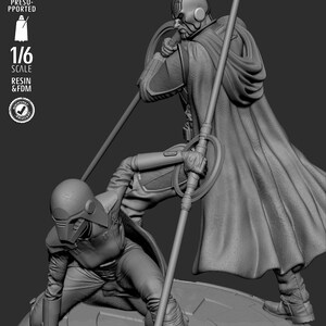 May include: A grayscale 1/6 scale resin and FDM figure of two characters in a dynamic pose. One figure is kneeling, and the other is standing, both holding staffs. The figures are wearing detailed armor and cloaks. The image includes text indicating the scale and material.