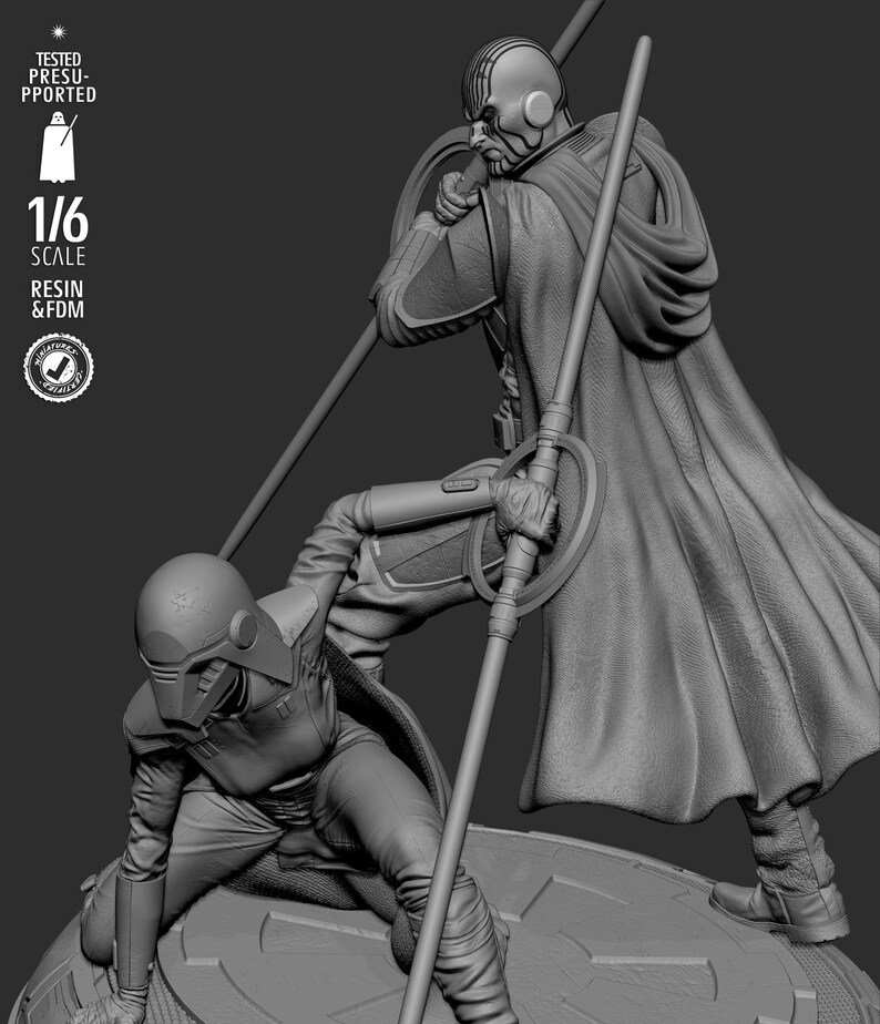May include: A grayscale 1/6 scale resin and FDM figure of two characters in a dynamic pose. One figure is kneeling, and the other is standing, both holding staffs. The figures are wearing detailed armor and cloaks. The image includes text indicating the scale and material.