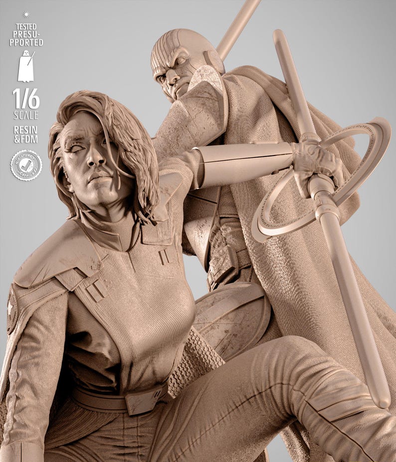 May include: A detailed, beige-colored resin statue depicting two figures in a dynamic pose. One figure is holding a weapon, while the other is in a defensive stance. The statue is 1/6 scale and includes the text "TESTED PRESUPPORTED", "1/6 SCALE", and "RESIN & FDM".