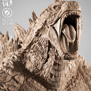 May include: A detailed, beige-colored sculpture of a roaring Godzilla, with its mouth wide open, revealing sharp teeth and a long tongue. The sculpture is labeled "SCALE 1/4" and "RESIN & FDM". The image is of a detailed model.
