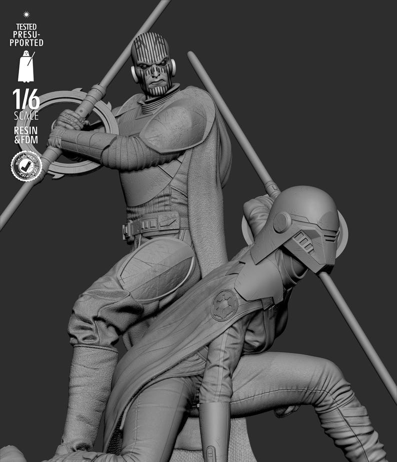 May include: A grayscale 1/6 scale resin and FDM figure of two characters in futuristic armor, one holding a circular weapon and the other kneeling. The figure is tested and presupported.