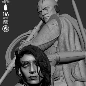May include: A grayscale 1/6 scale resin and FDM figure of two characters. One figure is a bald man with facial markings, wearing armor and holding a lightsaber. The other figure is a woman with dark hair. The image includes text: "TESTED PRESUPPORTED", "1/6 SCALE", "RESIN & FDM".
