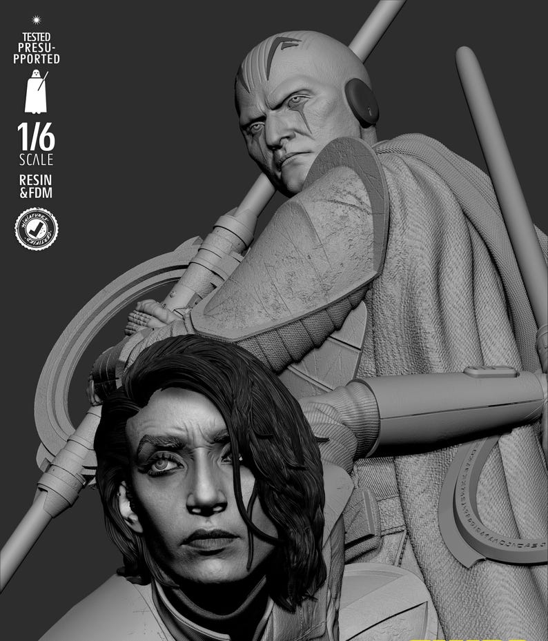 May include: A grayscale 1/6 scale resin and FDM figure of two characters. One figure is a bald man with facial markings, wearing armor and holding a lightsaber. The other figure is a woman with dark hair. The image includes text: "TESTED PRESUPPORTED", "1/6 SCALE", "RESIN & FDM".