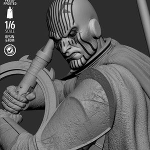 May include: A detailed grayscale 1/6 scale resin and FDM figure of a bald character with black facial markings, holding a weapon. The figure has a stern expression and is wearing armor and a cape. The image includes text that says "TESTED PRESUPPORTED", "1/6 SCALE", and "RESIN & FDM".
