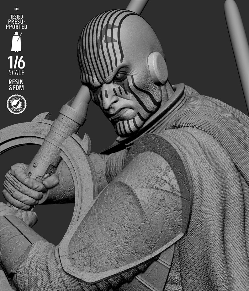 May include: A detailed grayscale 1/6 scale resin and FDM figure of a bald character with black facial markings, holding a weapon. The figure has a stern expression and is wearing armor and a cape. The image includes text that says "TESTED PRESUPPORTED", "1/6 SCALE", and "RESIN & FDM".