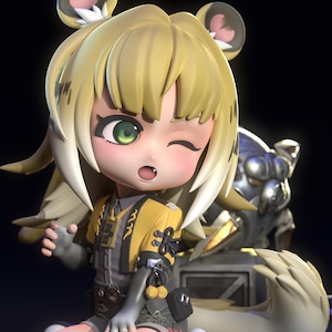 May include: A detailed figurine of a winking anime-style character with blonde hair and tiger-like ears. The character wears a yellow and gray outfit with a small black bag. A silver statue is behind the character.