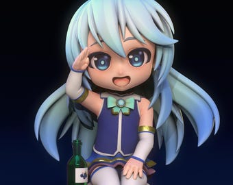 May include: A chibi-style figurine of a character with light blue hair and eyes, wearing a blue and white outfit. The figure is kneeling and saluting, with a green bottle beside it. The figurine is on a wooden base.