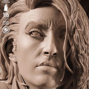 May include: A detailed sepia-toned sculpture of a person's face, featuring intricate details of the skin, hair, and facial features. The sculpture is labeled "1/6 SCALE RESIN & FDM" and includes additional text and a logo.