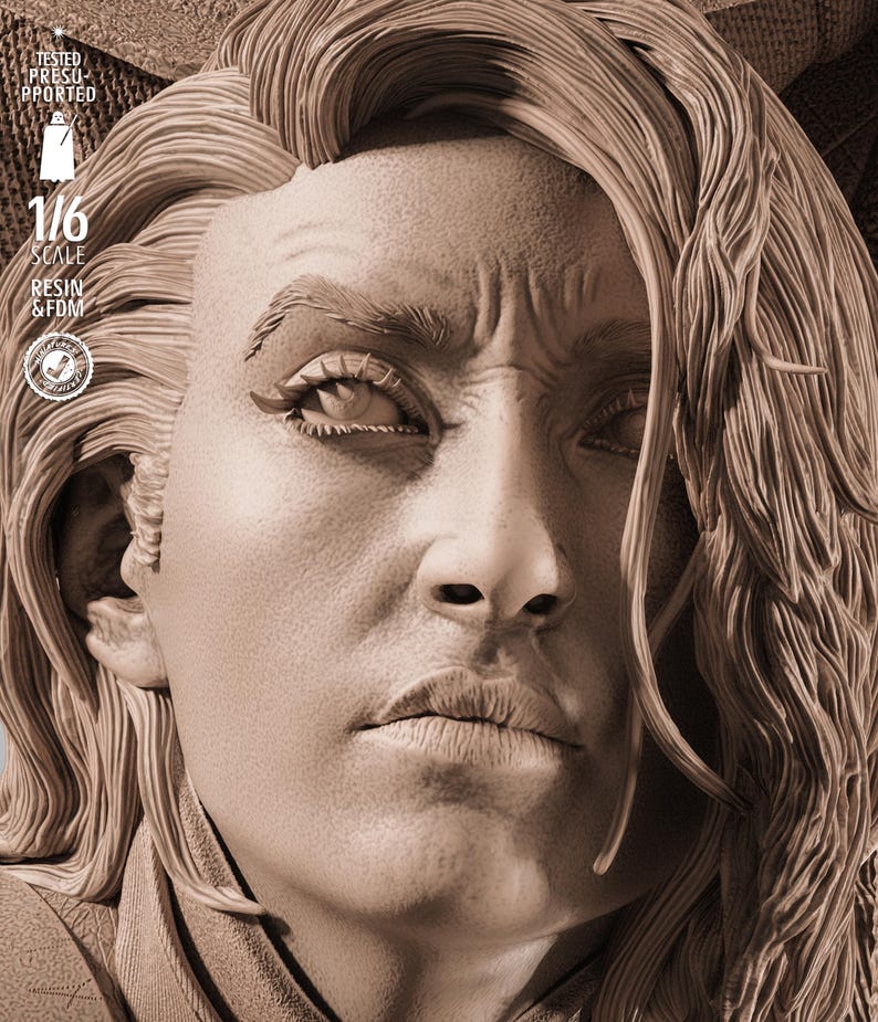 May include: A detailed sepia-toned sculpture of a person's face, featuring intricate details of the skin, hair, and facial features. The sculpture is labeled "1/6 SCALE RESIN & FDM" and includes additional text and a logo.