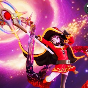 May include: A figurine of a character in a red outfit with a black cape and a large hat, holding a staff with a star-shaped design. The background is a vibrant purple and pink galaxy. A small calendar icon shows the month of July.