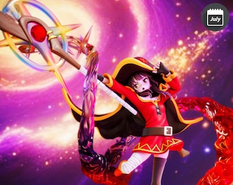 May include: A figurine of a character in a red outfit with a black cape and a large hat, holding a staff with a star-shaped design. The background is a vibrant purple and pink galaxy. A small calendar icon shows the month of July.