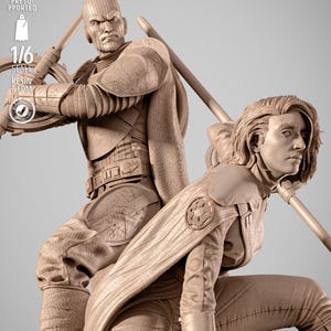 May include: A detailed sculpture of two figures in action poses, holding staffs. The figures are dressed in detailed, textured outfits. The sculpture is a 1/6 scale resin and FDM model, with text that reads "Tested Presupported".