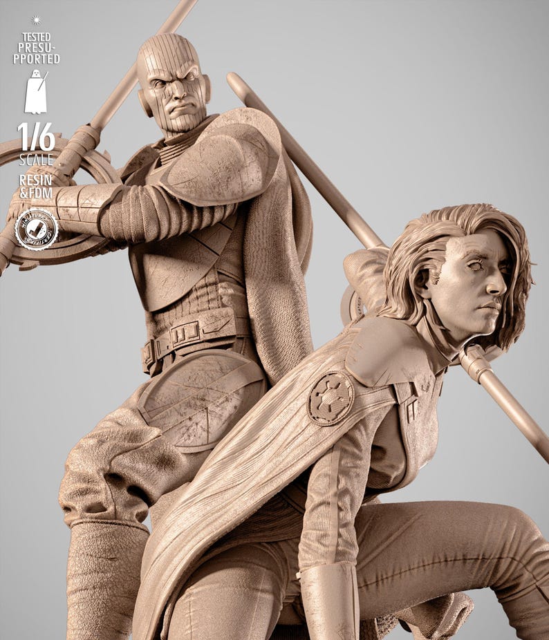 May include: A detailed sculpture of two figures in action poses, holding staffs. The figures are dressed in detailed, textured outfits. The sculpture is a 1/6 scale resin and FDM model, with text that reads "Tested Presupported".
