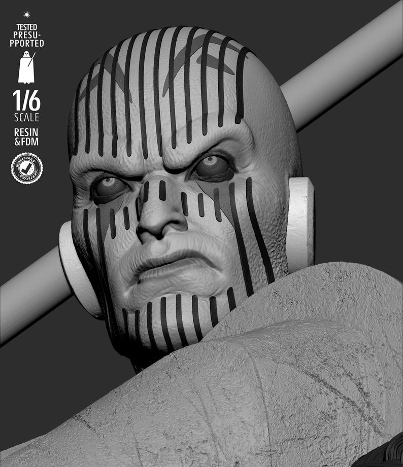 May include: A grayscale bust of a character with a stern expression. The figure has black vertical stripes on the head and face. The text "TESTED PRESUPPORTED", "1/6 SCALE", and "RESIN & FDM" are visible.