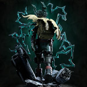 May include: A detailed figurine of a character with spiky dark hair, wearing a tattered yellow cape and a backpack. The figure stands on a rubble base surrounded by jagged, glowing teal lightning effects, captured from a rear-facing perspective.