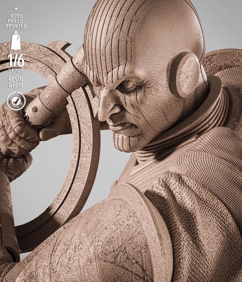 May include: A detailed, sepia-toned sculpture of a stern-faced humanoid figure, holding a circular object. The figure has textured skin and is wearing a detailed costume. The image includes text indicating a 1/6 scale and resin/FDM material.