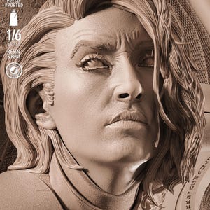 May include: A detailed sepia-toned sculpture of a person's face, with long, flowing hair. The face has a stern expression, with visible wrinkles and detailed features. Text on the side reads "TESTED PRESUPPORTED", "1/6 SCALE", and "RESIN & FDM".