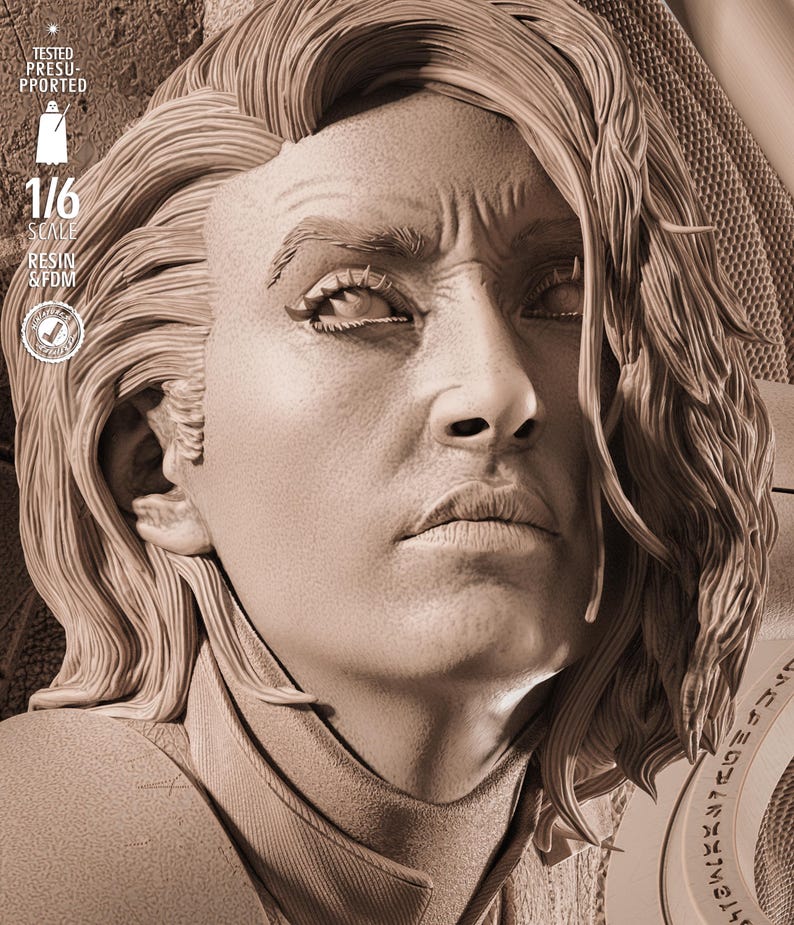 May include: A detailed sepia-toned sculpture of a person's face, with long, flowing hair. The face has a stern expression, with visible wrinkles and detailed features. Text on the side reads "TESTED PRESUPPORTED", "1/6 SCALE", and "RESIN & FDM".