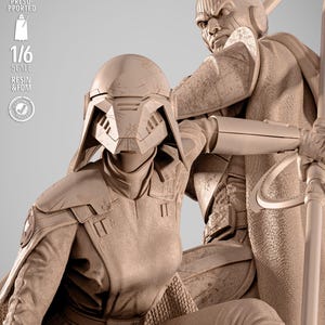 May include: A detailed, tan-colored resin statue of two figures in futuristic armor. One figure kneels, while the other stands behind, holding a staff. The statue is 1/6 scale and appears to be a collectible item. The image includes text indicating the item has been tested and is resin and FDM.