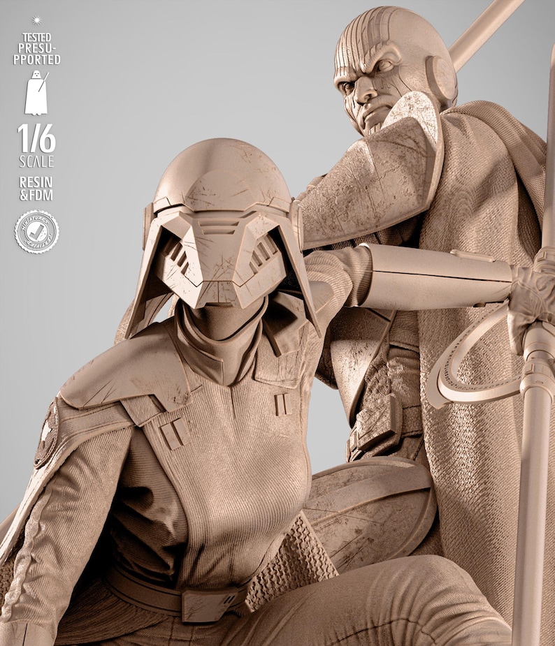 May include: A detailed, tan-colored resin statue of two figures in futuristic armor. One figure kneels, while the other stands behind, holding a staff. The statue is 1/6 scale and appears to be a collectible item. The image includes text indicating the item has been tested and is resin and FDM.