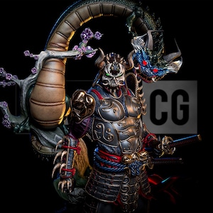 May include: A detailed sculpture of a samurai warrior in ornate armour, with a skull-like mask and horns. A dragon and flowering branch are behind the warrior. The sculpture has a dark colour palette with red, blue, and gold accents. The letters "CG" are in the background.