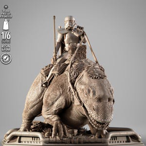 May include: A detailed resin and FDM 1/6 scale statue of a Stormtrooper riding a dinosaur-like creature. The statue is in a neutral color palette, with the text "TESTED PRESUPPORTED" and "1/6 SCALE RESIN & FDM" visible on the left side.