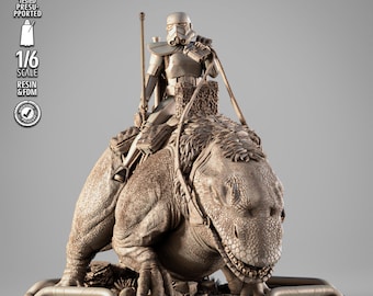 May include: A detailed resin and FDM 1/6 scale statue of a Stormtrooper riding a dinosaur-like creature. The statue is in a neutral color palette, with the text "TESTED PRESUPPORTED" and "1/6 SCALE RESIN & FDM" visible on the left side.
