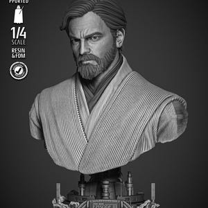 May include: A monochrome bust of a character from Star Wars: Episode III. The bust depicts a man with a beard and a stern expression, wearing a robe. The base reads "EPISODE III". The bust is 1/4 scale and made of resin and FDM.