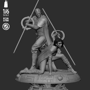 May include: A grayscale 1/6 scale resin and FDM statue of two figures with lightsabers. One figure stands, the other kneels on a detailed platform. The statue has the text "TESTED PRESUPPORTED" and a logo.
